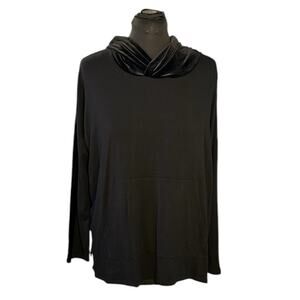 Eileen Fisher Black Velvet Trim Lyocell Blend Hooded Boxy Tunic Size L